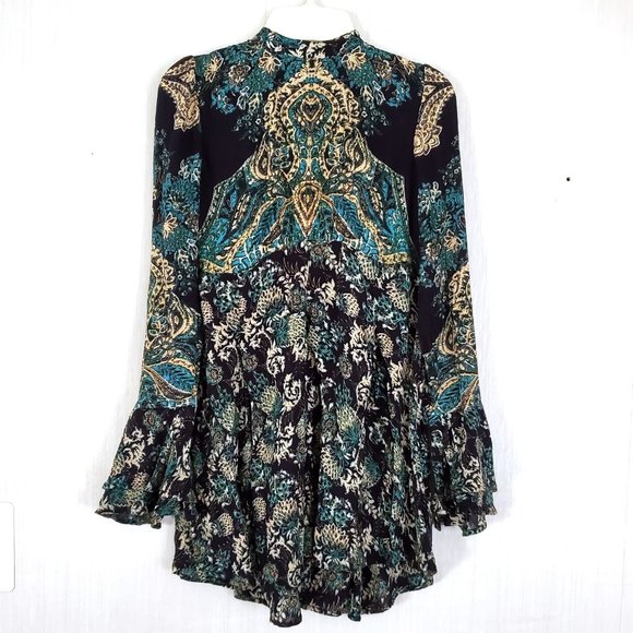 Free People Tops - Free People Lady Luck paisley bell sleeve boho tunic top dress blue combo–Size S